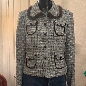 Anthropologie Tape Measure Green Tweed Jacket Blazer Brown Faux Fur Trim Collar